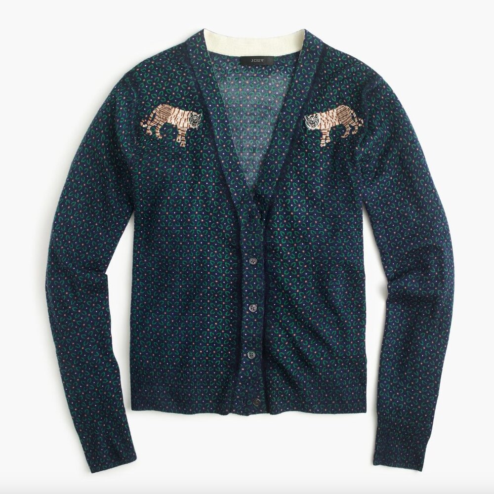 J. Crew Mens-y Cardigan Sweater with Tiger Patch Size S